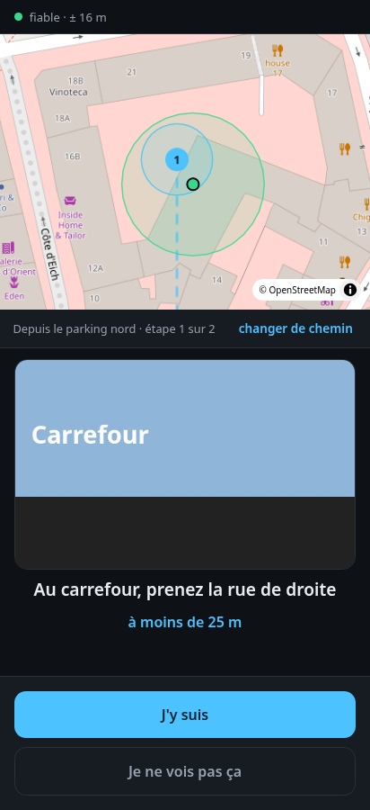 L'écran du visiteur : la photo du carrefour, la consigne et la distance